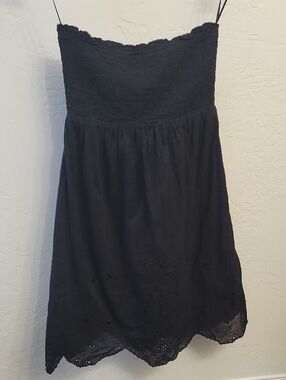 AEO Black Strapless Sundress Scalloped Eyelet Hem 100% Cotton